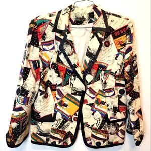 Vintage Custom Designer Blazer Travel Themed Silk‎ Jacket Shoulder Pads Size 2X